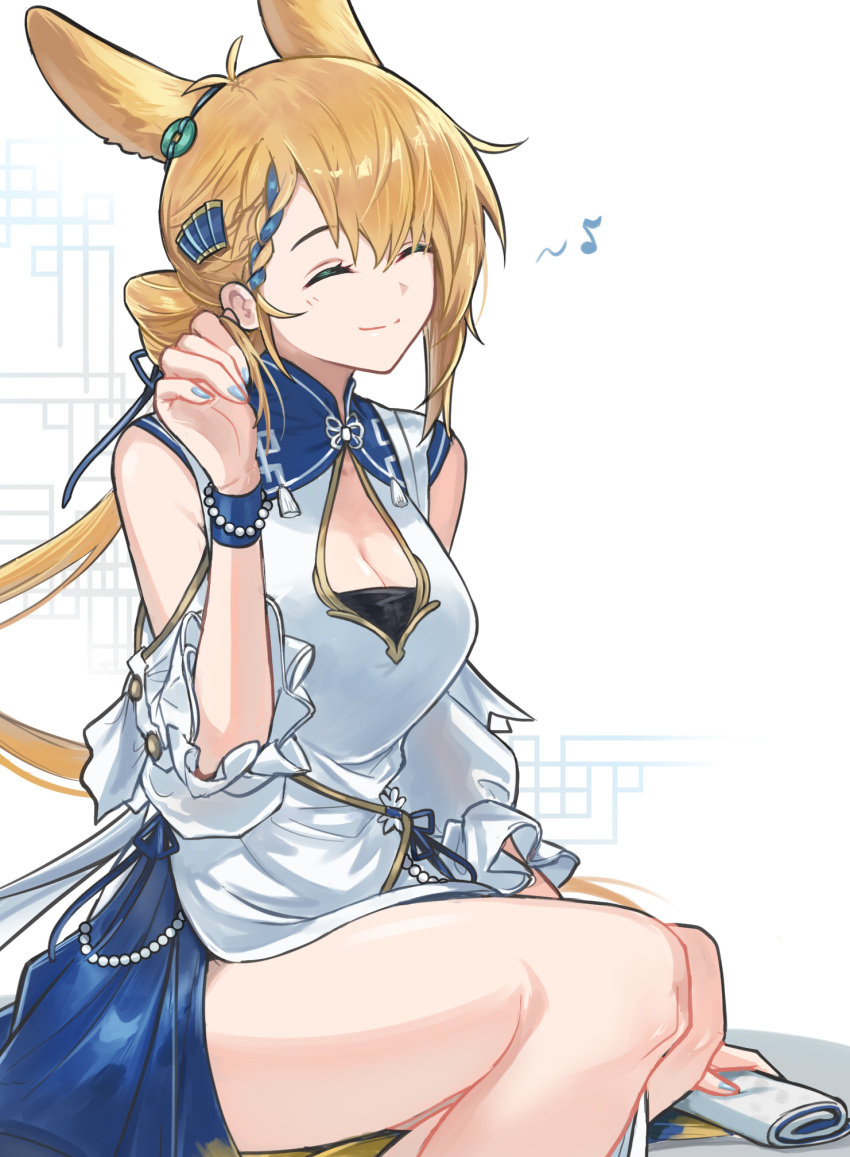 ^_^ animal_ears arknights bare_shoulders bead_bracelet beads blonde_hair bracelet breasts china_dress chinese_clothes chinese_commentary cleavage_cutout closed_eyes clothing_cutout commentary_request dress eighth_note extra_ears feet_out_of_frame female hand_up highres jewelry kroos_(arknights) kroos_the_keen_glint_(along_the_corridor)_(arknights) kroos_the_keen_glint_(arknights) large_breasts long_hair mabing multicolored_hair musical_note official_alternate_costume rabbit_ears rabbit_girl shoulder_cutout sitting smile solo streaked_hair thighs white_dress