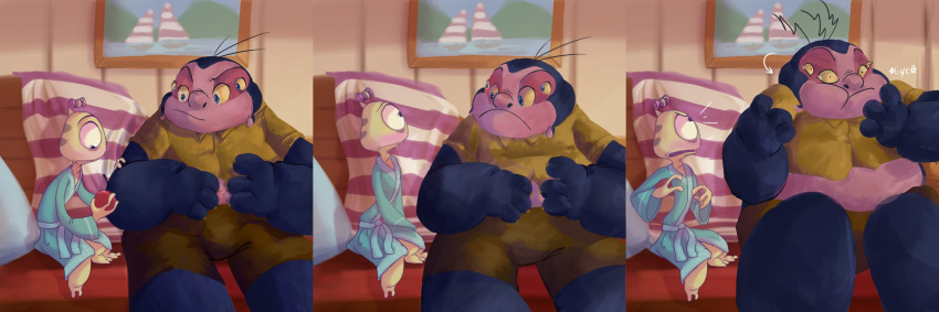 1_eye 2021 2_toes 3:1 3_legs 4_eyes alien angry antennae_(anatomy) bathrobe blue_eyes blush clothed clothing collaboration creesa directional_arrow disney duo eye_contact eyebrows feet frown furniture hair_curlers head_markings head_turn hi_res jumba_jookiba katerina_dregov kweltikwan lilo_and_stitch looking_at_another looking_down male markings multi_eye multiple_images obese obese_male occipital_markings overweight overweight_male pillow plorgonarian raised_eyebrow robe russian_text sitting size_difference sofa text toes wendy_pleakley yellow_sclera