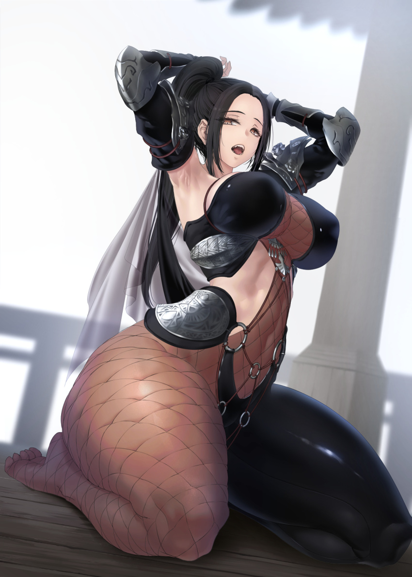 armor armpits arms_behind_head arms_up black_hair breasts brown_eyes covered_navel female fishnet_legwear fishnets forehead gauntlets highres large_breasts limeblock long_hair o-ring open_mouth original parted_bangs pauldrons ponytail shoulder_armor sidelocks single_bare_shoulder single_pauldron sitting solo thick_thighs thighs wariza