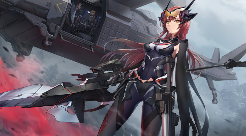 aircraft blonde_hair gun long_hair mechagirl morichika_shuuto original red_hair tree weapon white_hair yellow_eyes