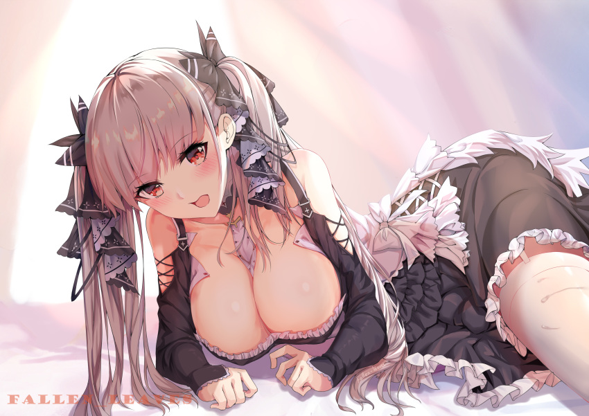 anthro azur_lane blush breasts cleavage fallen-leaves formidable_(azur_lane) garter_belt goth-loli gray_hair lolita_fashion long_hair red_eyes stockings twintails watermark