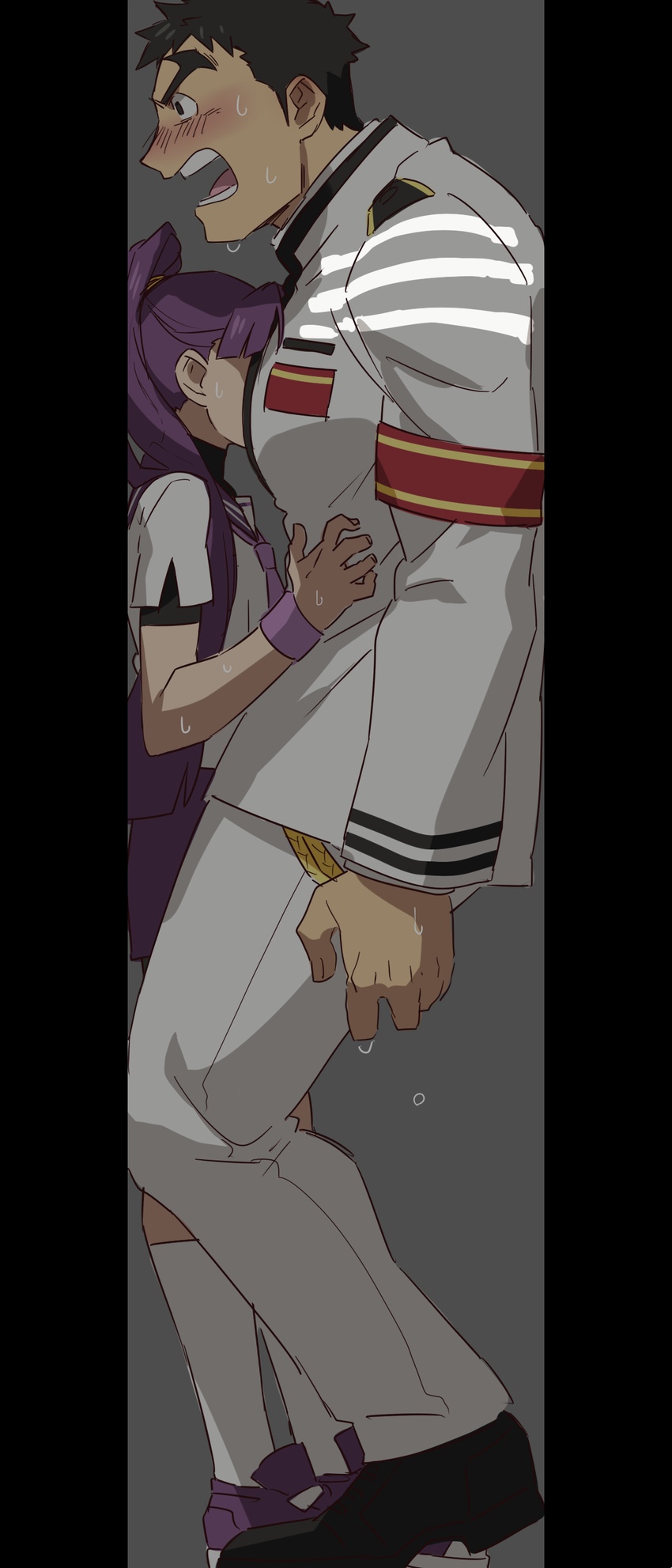 absurdres arm_support armband black_hair blush cramped female gakuran height_difference highres locker long_hair onizuka_momoko original pectorals purple_hair re:ar ryanpei school_uniform serafuku sweat tonogawachi_tatsuomi