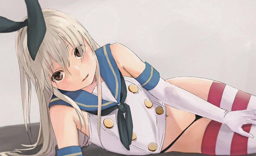 black_panties blonde_hair brown_eyes commentary elbow_gloves female gloves hairband highleg highleg_panties kantai_collection long_hair no_pants open_mouth panties photoshop_(medium) shimakaze_(kancolle) solo striped_clothes striped_thighhighs thighhighs underwear youmak