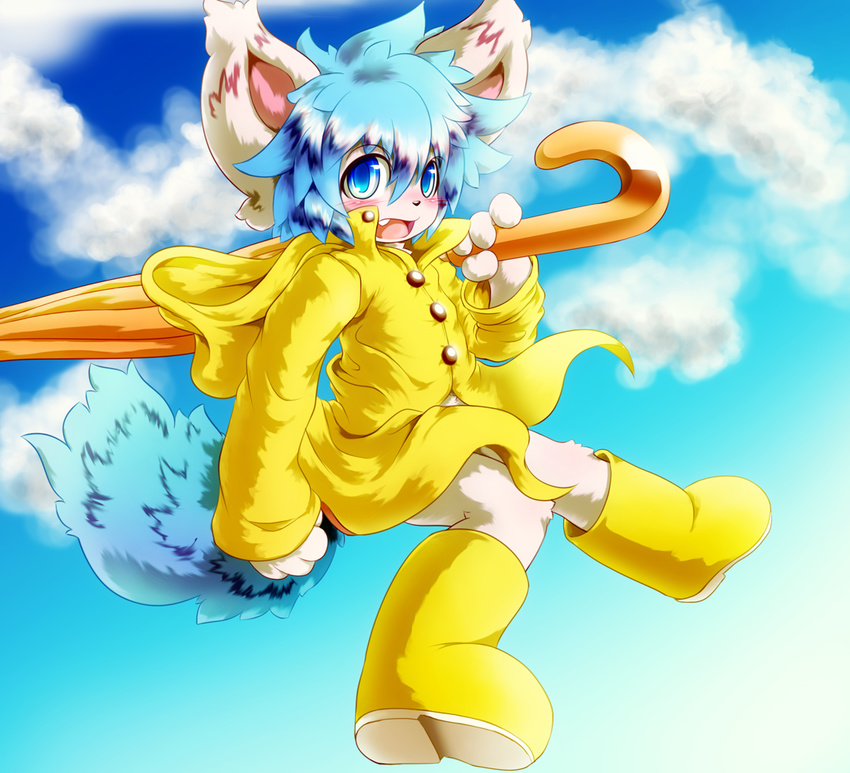 4_fingers anthro black_nose blue_eyes blue_hair blush boots bottomless clothed clothing cloud coat ear_tuft fingers footwear fur hair kemono looking_at_viewer male mammal open_mouth outside rainbow raincoat sky smile solo teeth tel-kun tongue topwear tuft u_q_ya umbrella white_body white_fur yellow_raincoat