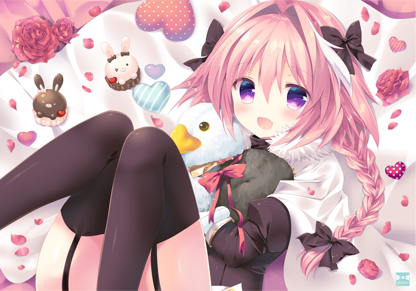 all_male astolfo bow braids cape chocolate fate/apocrypha fate/grand_order fate_(series) flowers garter_belt long_hair male oerba_yun_fang petals pink_hair ponytail purple_eyes ribbons rose stockings tagme_(artist) thighhighs trap waifu2x watermark