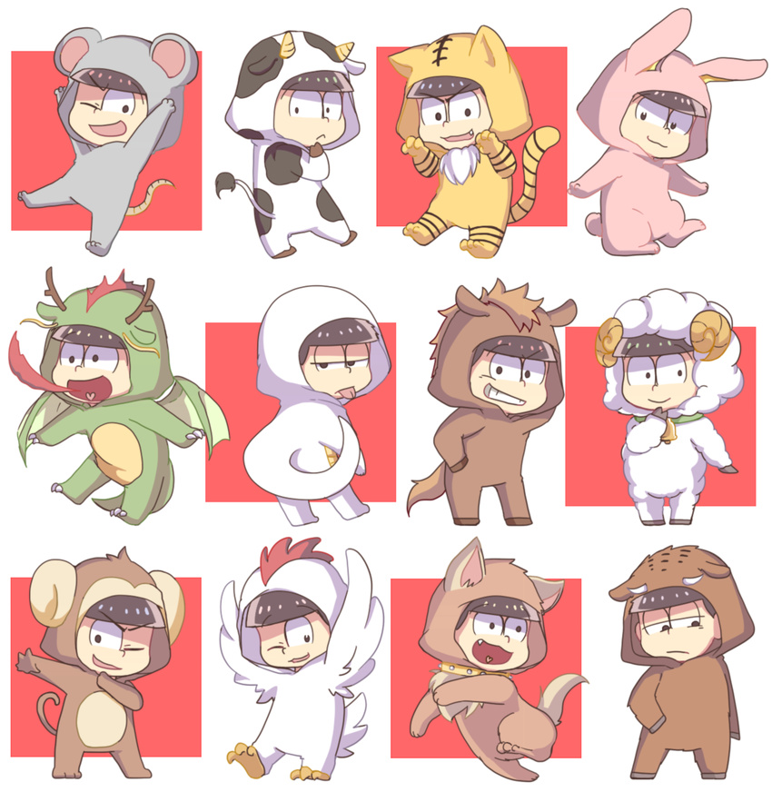 6+boys :< :3 :d :p ;d alternate_costume animal_collar animal_costume animal_ears animal_hood animal_print antennae arms_up bad_id bad_pixiv_id bell black_eyes black_hair blunt_bangs breath_weapon breathing_fire brothers chibi chicken_costume chinese_zodiac claws collar cosplay cow_boy cow_costume cow_ears cow_print cow_tail dog_boy dog_costume dog_ears dog_tail dragon_costume dragon_horns dragon_tail dragon_wings eyebrows fire fur_trim grin half-closed_eyes heart heart_in_mouth highres hood hood_up horns horse_boy horse_costume horse_ears horse_hood horse_tail kigurumi koineko_(aph0310) looking_at_viewer male_focus matsuno_choromatsu matsuno_ichimatsu matsuno_jyushimatsu matsuno_karamatsu matsuno_osomatsu matsuno_todomatsu monkey_costume monkey_ears monkey_tail mouse_costume mouse_ears mouse_tail multiple_boys multiple_views new_year oerba_yun_fang one_eye_closed open_mouth osomatsu-kun osomatsu-san osomatsu_(series) paw_pose pig_costume pig_ears rabbit_costume rabbit_ears rabbit_tail sextuplets sheep_costume sheep_horns siblings smile snake_costume snake_tail tail tiger_costume tiger_ears tiger_print tiger_tail tongue tongue_out wings