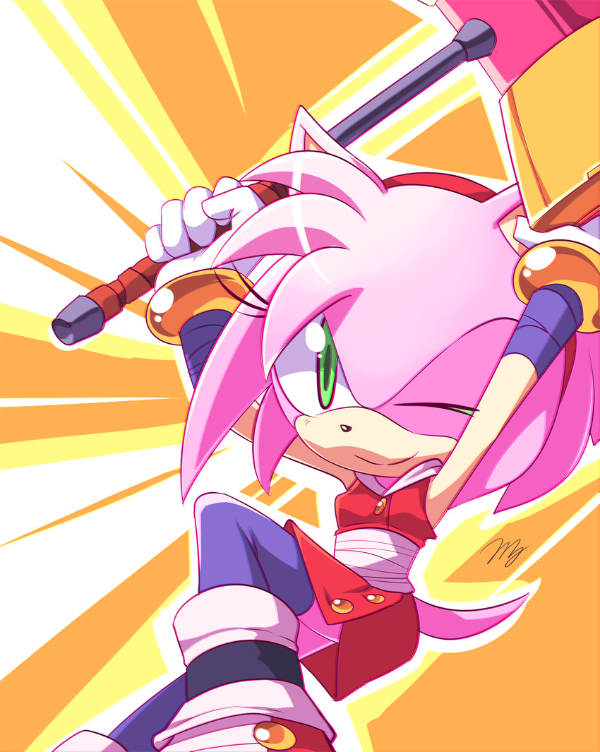 accessory amy_rose anthro black_nose clothed clothing dress eulipotyphlan female footwear gloves green_eyes hair hair_accessory hairband hammer handwear hedgehog hi_res karckade legwear mammal melee_weapon narrow_hips one_eye_closed piko_piko_hammer pink_hair sega short_hair signature smile solo sonic_boom sonic_the_hedgehog_(series) thin_calves thin_legs thin_thighs tools weapon white_clothing white_gloves white_handwear wink