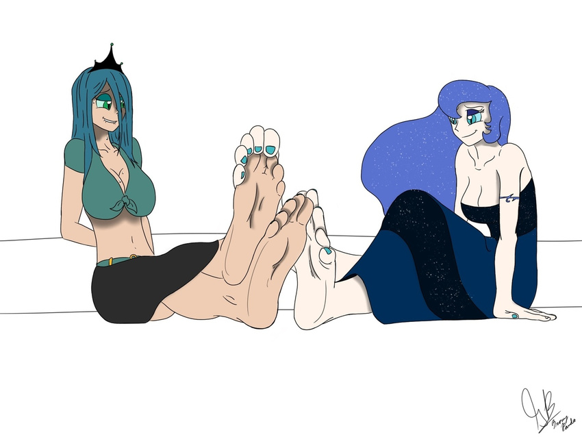 4:3 alternate_species big_breasts blue_hair bottomwear breasts bronypanda clothing crown feet female foot_fetish friendship_is_magic green_hair hair hasbro headgear hindpaw human humanized mammal my_little_pony nightmare_moon_(mlp) paws princess_luna_(mlp) queen_chrysalis_(mlp) skirt tiara