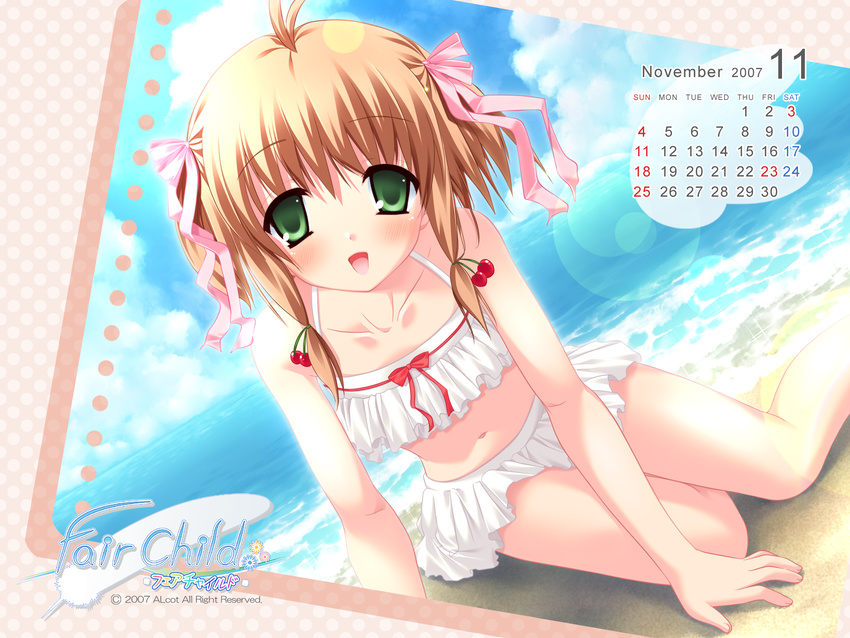 barefoot beach brown_hair calendar fair_child green_eyes hinamori_kokoro nimura_yuushi possible_duplicate swimsuit