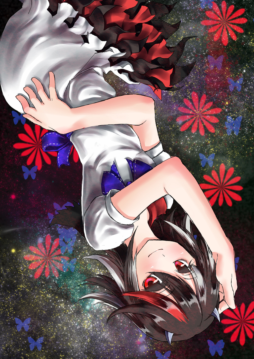 absurdres arrow_(symbol) black_hair commentary_request dress efune_(ef) female grey_horns highres horns kijin_seija multicolored_hair photoshop_(medium) red_eyes red_hair short_hair small_horns smile solo star_(symbol) starry_background streaked_hair touhou upside-down white_hair