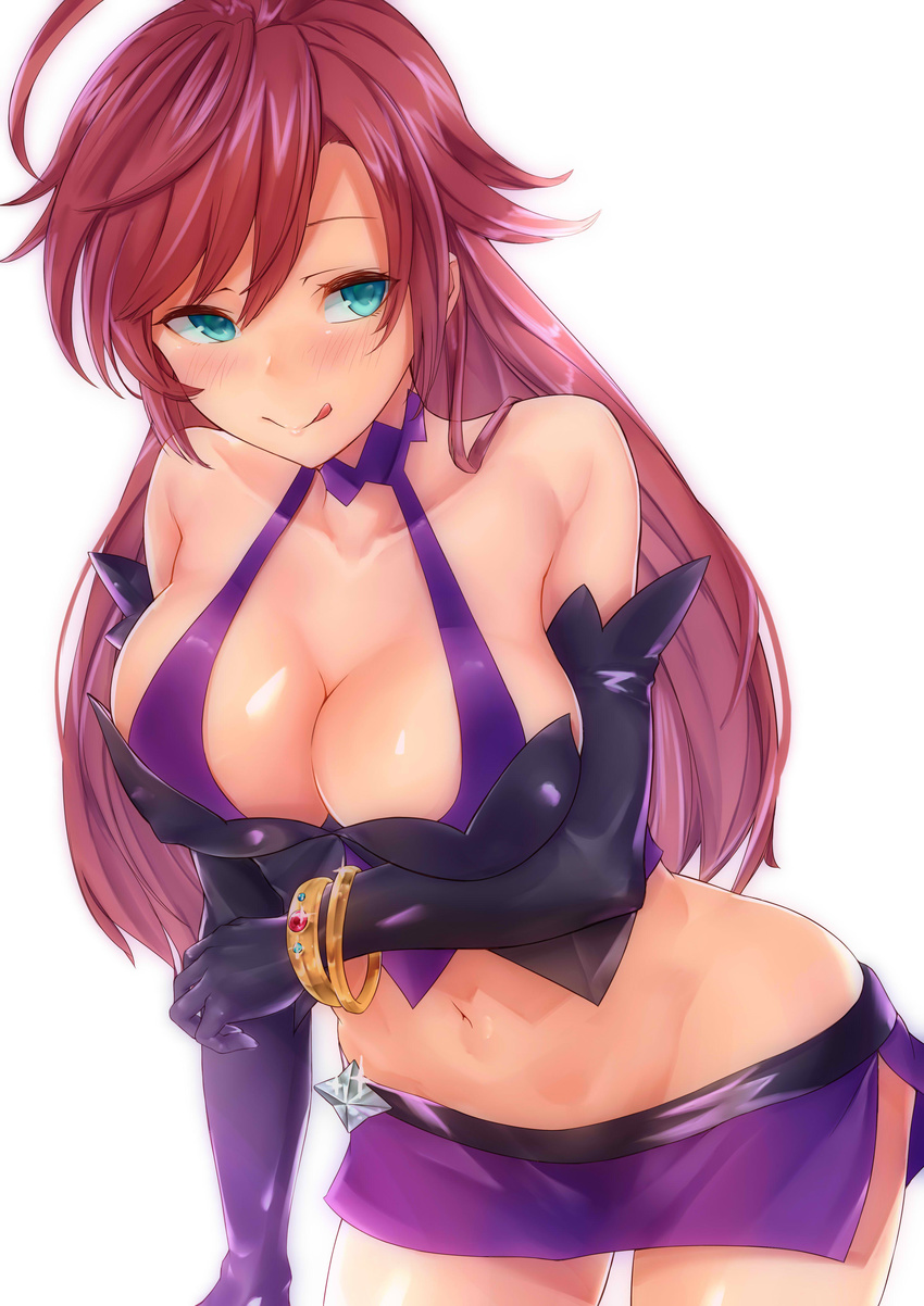 :q absurdres ahoge aqua_eyes bare_shoulders bikini bikini_top_only black_gloves blush bracelet breasts cleavage collarbone commentary corset cosplay covered_nipples cowboy_shot elbow_gloves female gloves hair_between_eyes halterneck highres hip_focus jewelry kaitou_jewlery_rose large_breasts leaning_forward long_hair looking_at_viewer midriff miniskirt navel purple_bikini purple_skirt red_hair shiny_skin simple_background skirt smile solo souzando swept_bangs swimsuit thighs tongue tongue_out toys_drive white_background