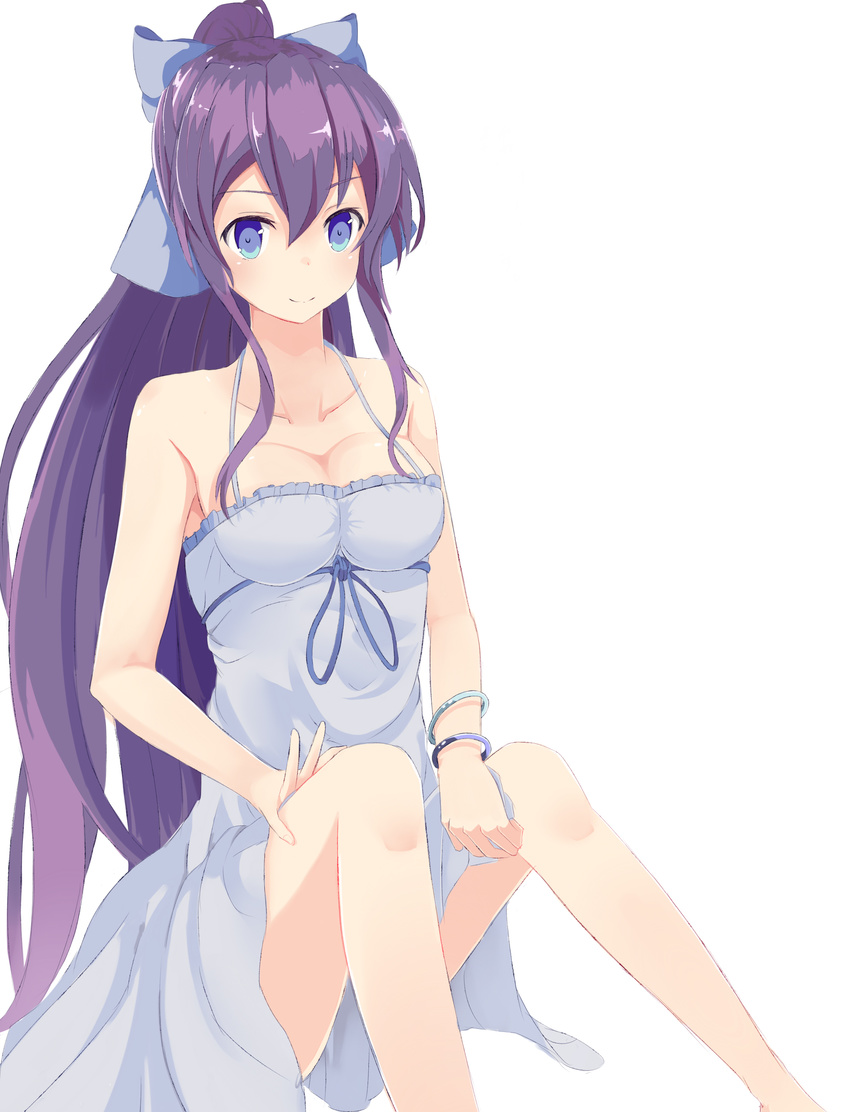 absurdres bad_id bad_pixiv_id blue_dress blue_eyes bow breasts casual cleavage dress female hair_ribbon hairbow highres long_hair looking_at_viewer medium_breasts patisurotto photoshop_(medium) ponytail purple_hair ribbon ryuugajou_nanana ryuugajou_nanana_no_maizoukin sitting smile solo very_long_hair