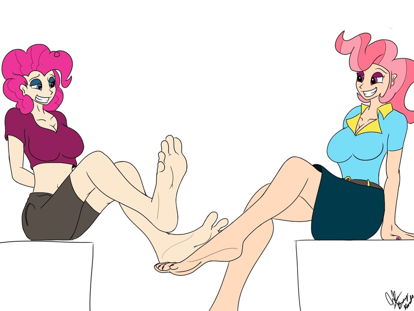 4:3 alternate_species big_breasts bottomwear breasts bronypanda clothing eyeshadow feet female foot_fetish friendship_is_magic hair hasbro human humanized makeup mammal mrs._cake_(mlp) my_little_pony paws pink_eyes pink_hair pinkie_pie_(mlp) shorts skirt