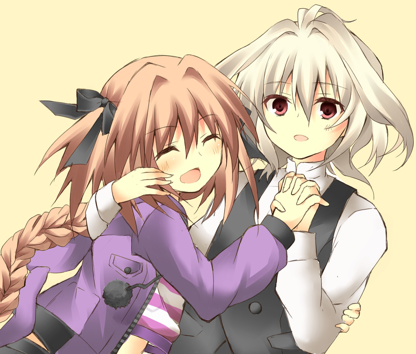 2boys ^_^ akafuku_pukoemon astolfo_(fate) astolfo_(memories_at_trifas)_(fate) bad_id bad_pixiv_id braid closed_eyes commentary_request crop_top fate/apocrypha fate_(series) hair_intakes hair_ribbon highres holding_hands hood hoodie interlocked_fingers male_focus multiple_boys official_alternate_costume open_mouth otoko_no_ko pink_hair red_eyes ribbon shirt sieg_(fate) single_braid smile striped_clothes striped_shirt waistcoat white_hair