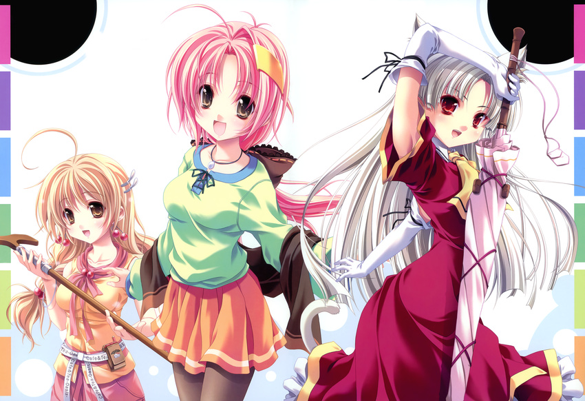 animal_ears blonde_hair catgirl gray_hair long_hair lycée miyama-zero pantyhose pink_hair red_eyes scan tail