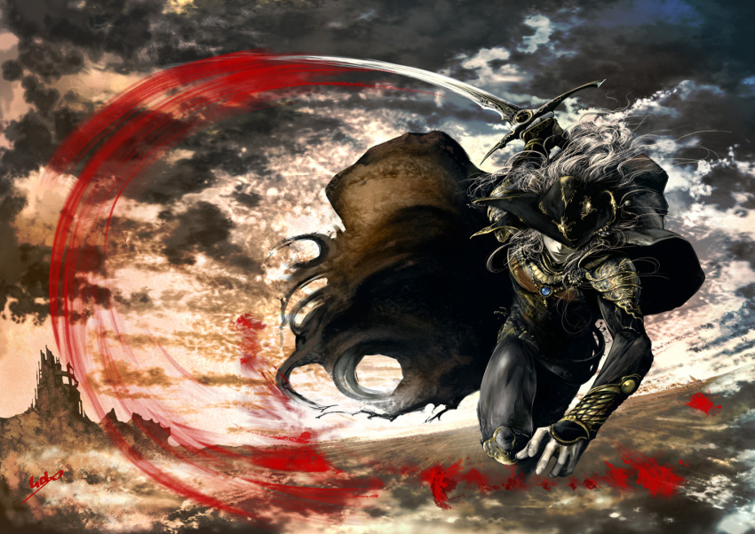 blood cape cloud d hat long_hair realistic sword vampire_hunter_d weapon