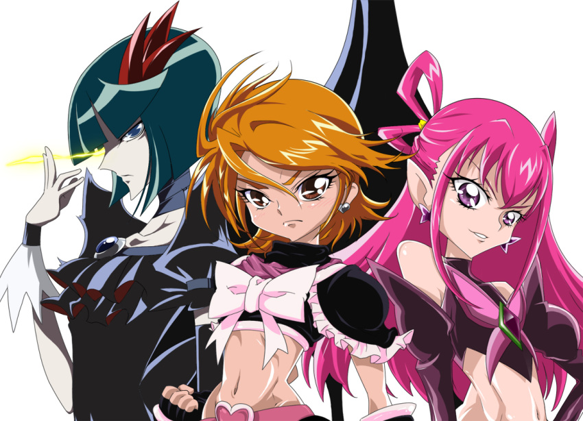 3girls ahoge black_choker blue_eyes bow brooch brown_eyes brown_hair bug butterfly choker commentary_request cure_black dark_cure_(yes!_precure_5) dark_dream dark_precure earrings elbow_gloves eyelashes frills frown futari_wa_precure gloves glowing glowing_eye green_hair group_picture hair_ornament hair_rings hairpin heartcatch_precure! in-franchise_crossover jewelry long_hair magical_girl midriff misumi_nagisa multiple_girls navel pale_skin photoshop_(medium) pink_hair pointy_ears precure profile purple_eyes ribbon serious short_hair sinko_(sinsin) smile wrist_cuffs yes!_precure_5