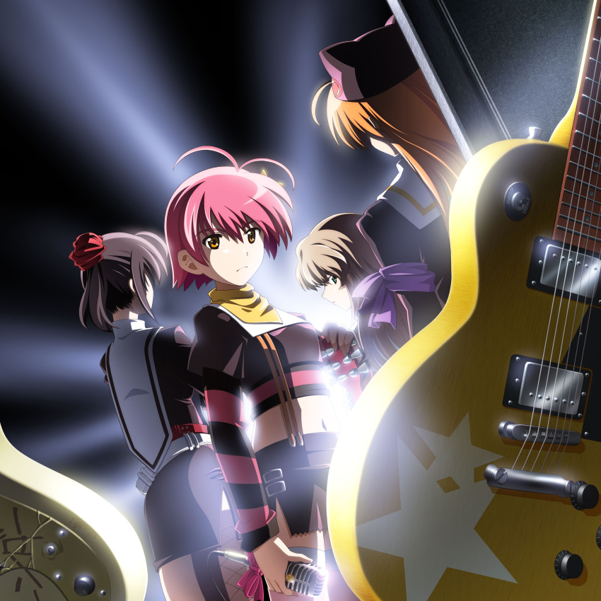 1boy 3girls 4girls absurdres band brown_hair crossdressing guitar hat highres instrument isurugi_chie kashiwara_sarina katakura_shinji kira_kira looking_back maejima_shikako maejima_shikanosuke microphone midriff multiple_girls navel orange_eyes orange_hair red_hair school_uniform shiino_kirari short_hair trap