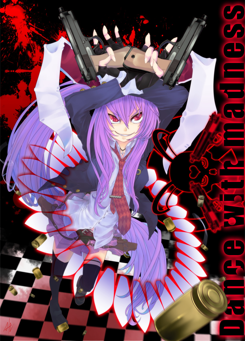 animal_ears bad_id bad_pixiv_id belt black_thighhighs blazer bullet checkered_floor crescent cross dress_shirt dual_wielding english_text female gun handgun highres holding holster jacket jewelry kumonji_aruto loafers long_hair necktie pendant pleated_skirt purple_hair rabbit_ears red_eyes reisen_udongein_inaba shirt shoes skirt smile solo thighhighs touhou weapon