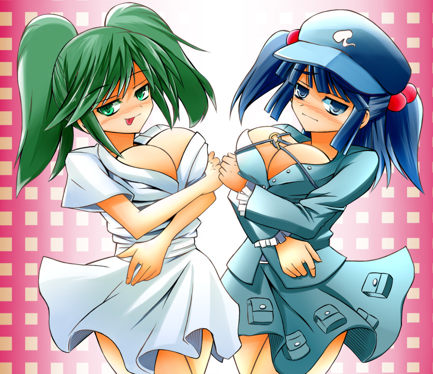 2girls aged_up bad_id bad_pixiv_id between_breasts blue_eyes blue_hair blush breast_hold breasts cleavage green_eyes green_hair hair_bobbles hair_ornament hat highres kawashiro_nitori key kisume large_breasts multiple_girls tongue tongue_out touhou two_side_up ueda_katsuhito