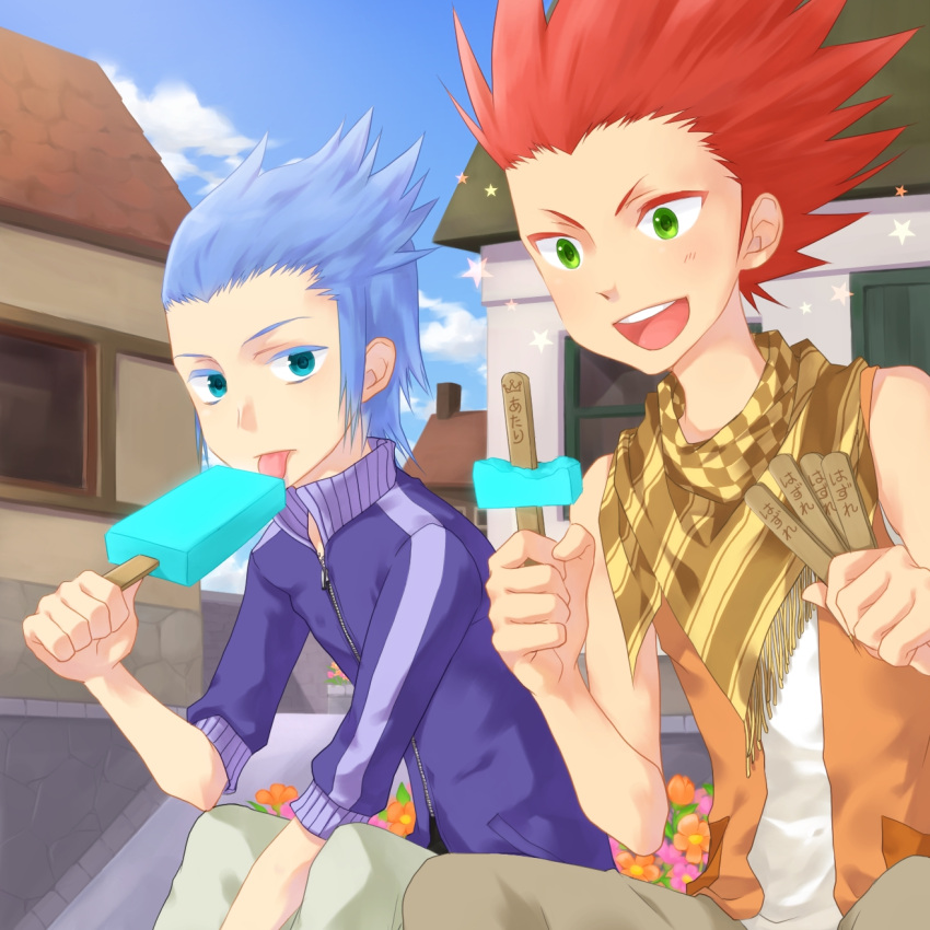 2boys :p bad_id bad_pixiv_id blue_hair food green_eyes highres ice_cream isa_(kingdom_hearts) kingdom_hearts kingdom_hearts_birth_by_sleep lea_(kingdom_hearts) male_focus multiple_boys okitsune_(okitsune-sama) red_hair scarf tongue tongue_out