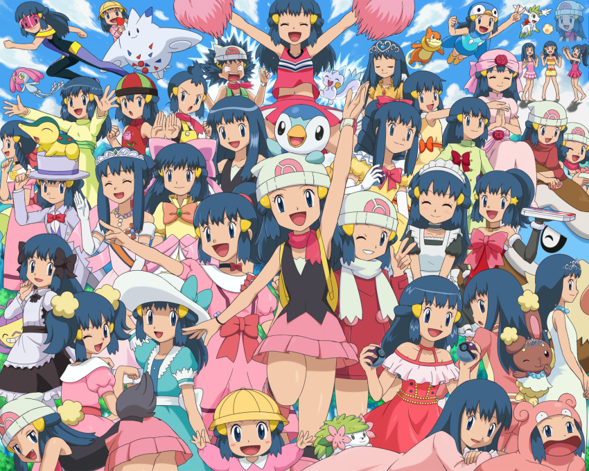 6+girls aged_down alternate_costume alternate_form alternate_hair_length alternate_hairstyle alternate_headwear ambipom aqua_ribbon armpits bare_shoulders beanie buizel buneary cheerleader china_dress chinese_clothes closed_eyes clothed_pokemon coat commentary_request cosplay cyndaquil dawn_(pokemon) dawn_(pokemon)_(cosplay) disguised_zorua dress elbow_gloves electricity flying gloves hair_ornament hat hat_ribbon highres holding holding_poke_ball holding_pom_poms illusion_(pokemon) jewelry kindergarten_uniform magician maid maid_headdress mamoswine mesprit multiple_girls multiple_persona necklace no_headwear oerba_yun_fang on_head one_eye_closed open_mouth pachirisu pajamas pantyhose piplup piplup_(cosplay) poke_ball poke_ball_(basic) pokemoa pokemon pokemon:_zoroark:_master_of_illusions pokemon_(anime) pokemon_(creature) pokemon_ability pokemon_dppt_(anime) pokemon_on_head pom_pom_(cheerleading) ribbon riding riding_pokemon scarf shaymin shaymin_(land) shaymin_(sky) slowpoke slowpoke_(cosplay) swimsuit tiara togekiss winter_clothes zorua