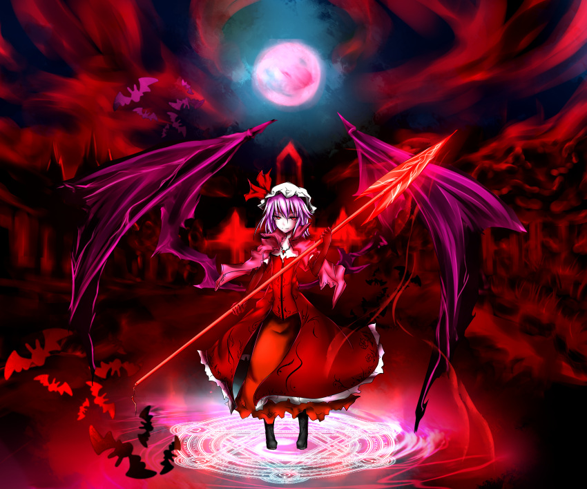 absurdres acryl bat_(animal) bat_wings boots capelet commentary_request dress female floral_print forest full_moon hat hat_ribbon highres jewelry magic_circle moon nature necklace night partial_commentary purple_hair red_dress red_eyes remilia_scarlet ribbon scarlet_devil_mansion smile solo spear_the_gungnir too_many too_many_bats touhou wings