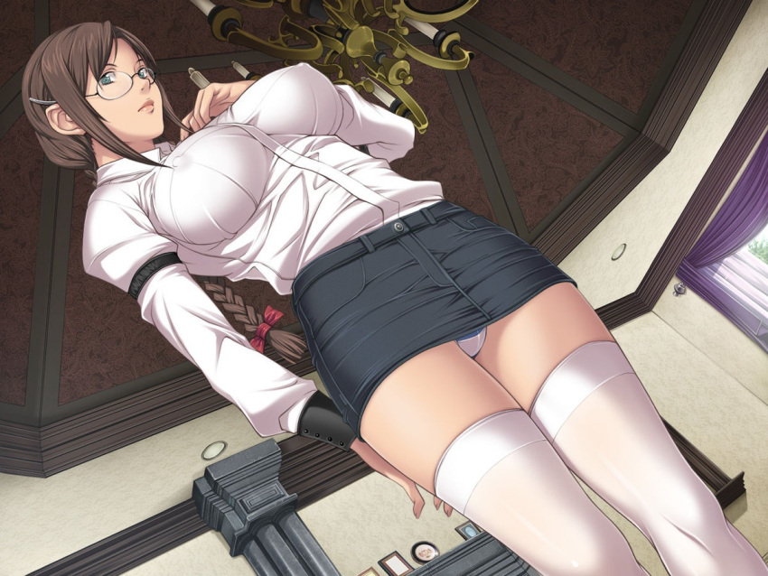 braid breasts brown_hair covered_nipples dutch_angle female from_below game_cg glasses green_eyes hair_ornament hairclip impossible_clothes impossible_shirt large_breasts lingerie lips long_hair miniskirt mitarai_yuuna panties pencil_skirt sei_shoujo shirt skirt solo standing starless striped_clothes striped_panties thighhighs twin_braids underwear upskirt white_thighhighs