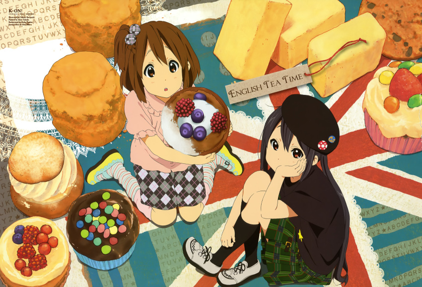 2girls absurdres animage argyle_clothes argyle_skirt badge beret black_hair blueberry brown_eyes brown_hair button_badge candy cookie cream_puff cupcake english_text flag_background food fruit hair_bobbles hair_ornament hand_on_own_cheek hand_on_own_face hat highres hirasawa_yui horiguchi_yukiko imageboard_desourced k-on! k-on!_movie kneeling lace_trim long_hair mary_janes miura_rina multiple_girls nakano_azusa non-web_source official_art oversized_object plaid plaid_skirt pleated_skirt raspberry scan shoes short_hair shorts skirt socks striped_clothes striped_socks takeda_akiyo tamine_ikuko twintails union_jack very_long_hair