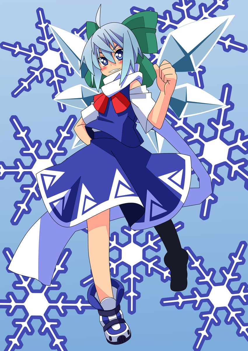 ahoge blue_dress blue_eyes blue_hair blush cirno cirno_day commentary_request dress fairy female hand_on_own_hip highres ice neki_(rushia) partial_commentary photoshop_(medium) ribbon shoes short_hair smile snowflakes solo standing touhou wings