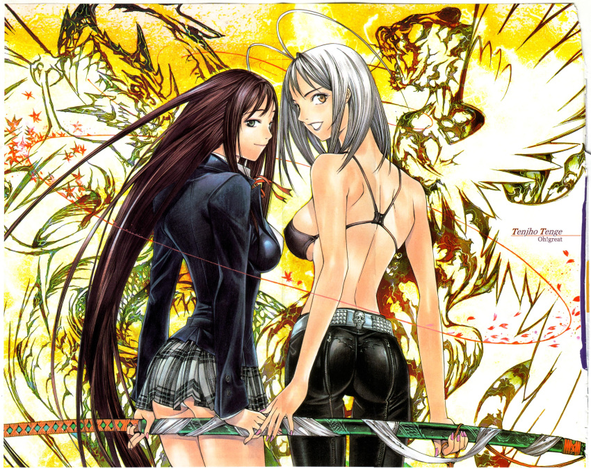 2girls absurdres antenna_hair ass back belt bikini_top black_eyes black_hair breasts grey_hair highres large_breasts legs long_hair looking_back multiple_girls nail_polish natsume_aya natsume_maya official_art oh!_great oogure_ito school_uniform siblings sideboob sisters skirt smile standing sword tenjou_tenge thighs very_long_hair weapon yellow_eyes