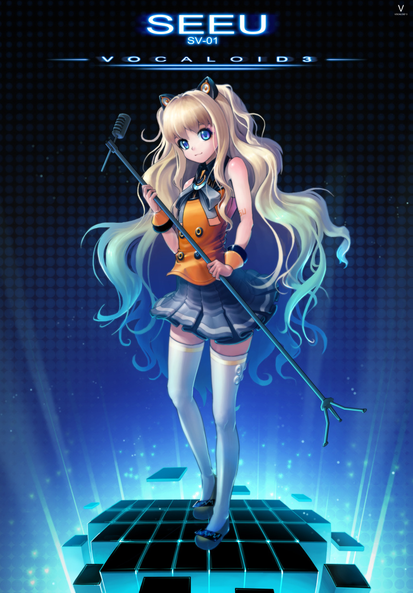 :3 absurdres animal_ears bad_id bad_pixiv_id bare_shoulders blonde_hair blue_eyes bow bracelet cat_ears commentary_request female highres jewelry long_hair microphone microphone_stand photoshop_(medium) rheez seeu shoes skirt solo star-shaped_pupils star_(symbol) symbol-shaped_pupils thighhighs very_long_hair vocaloid white_thighhighs zettai_ryouiki