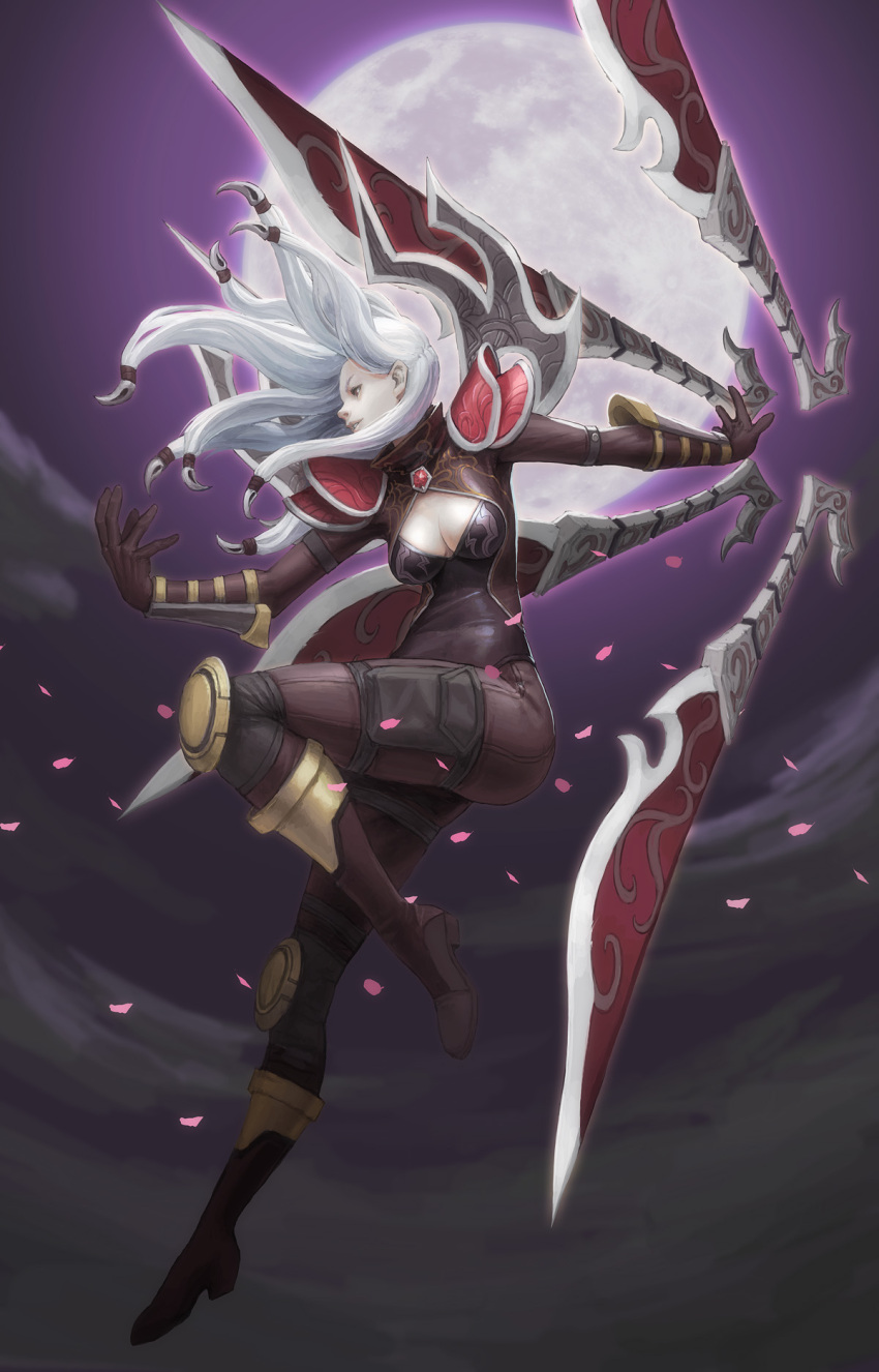 alternate_costume armor bad_link blade bodysuit boots breasts brown_eyes cherry_blossoms cleavage cleavage_cutout clothing_cutout female heart highres irelia knee_pads league_of_legends legs long_hair loped medium_breasts moon night nightblade_irelia pale_skin pauldrons photoshop_(medium) shoulder_armor solo white_hair