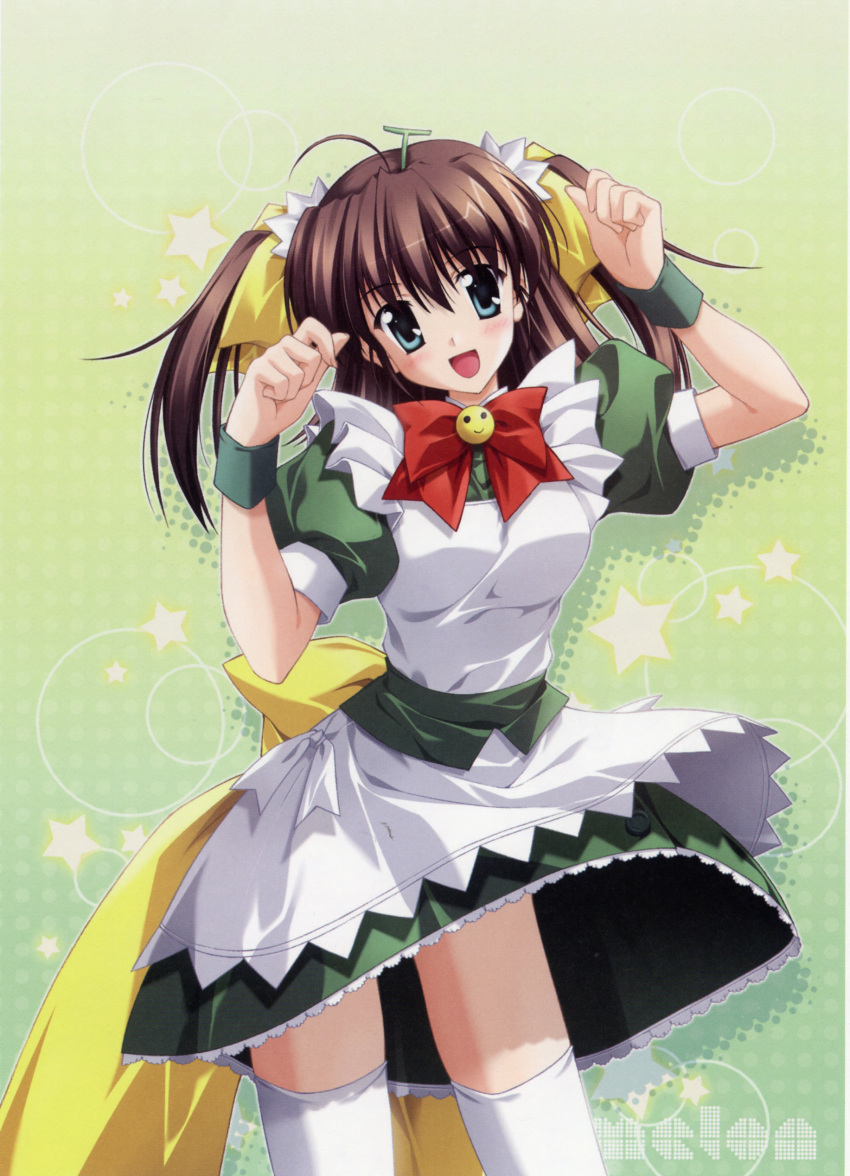 absurdres ahoge apron bow brown_hair cosplay ef_(visual_novel) female green_eyes hairbow highres imageboard_desourced melon-chan melon-chan_(cosplay) melonbooks miyamura_miyako nanao_naru non-web_source open_mouth photoshop_(medium) solo thighhighs twintails white_thighhighs wrist_cuffs yellow_bow