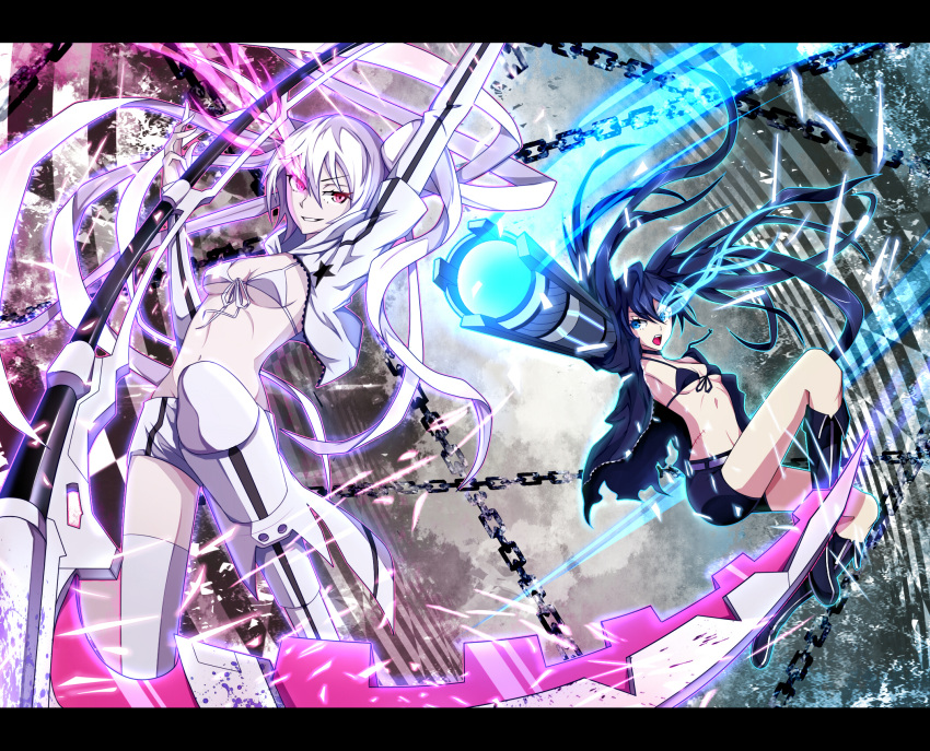 2girls bad_id bad_pixiv_id bikini bikini_top_only black_hair black_rock_shooter black_rock_shooter_(character) black_rock_shooter_(game) black_shorts blue_eyes boots chains coat flaming_eye highres letterboxed long_hair midriff multiple_girls navel no_shirt open_mouth purple_eyes puuzaki_puuna scar scythe shorts smile swimsuit twintails white_bikini white_hair white_rock_shooter white_shorts