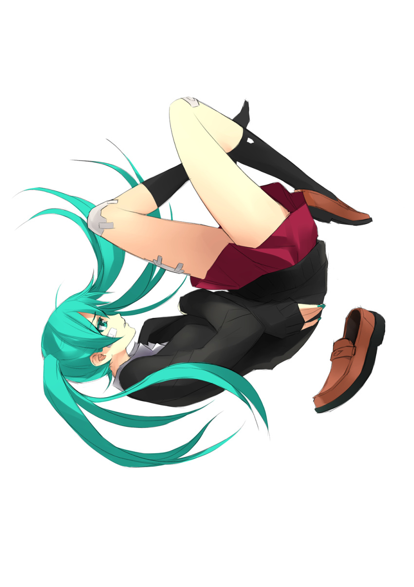 bandages black_socks commentary english_commentary female fetal_position full_body hatsune_miku highres injury kriss_sison long_hair plantar_flexion rolling_girl_(vocaloid) school_uniform shoes simple_background single_shoe skirt socks solo vocaloid