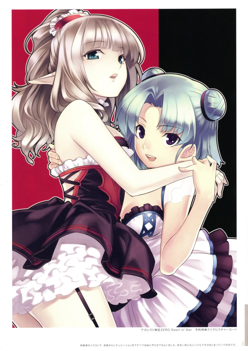 2girls absurdres agarest_senki_(series) agarest_senki_zero bare_shoulders breasts cleavage double_bun dress elf friedelinde_(agarest_senki_zero) garter_straps gimp_(medium) green_eyes green_hair grey_hair hair_bun highres hirano_katsuyuki looking_at_viewer medium_breasts multiple_girls open_mouth pointy_ears ponytail purple_eyes shernini_(agarest_senki_zero) smile strapless strapless_dress white_dress