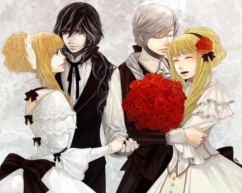 2boys 2girls aged_up ascot bad_id bad_pixiv_id black_hair blonde_hair blue_eyes bouquet closed_eyes couple cross dress dual_persona elisabeth_von_wettin elyse_(sound_horizon) eye_contact feather_hair_ornament feathers flower formal hair_flower hair_ornament hair_ribbon hairband highres holding_hands jewelry katsura_(+araka) looking_at_another maerchen_(sound_horizon) marchen_von_friedhof marz_von_ludowing multicolored_hair multiple_boys multiple_girls nail_polish necklace necktie open_mouth ponytail red_flower red_rose ribbon rose sidelocks smile sound_horizon straight striped two-tone_hair waistcoat wavy_hair white_dress white_hair yellow_eyes