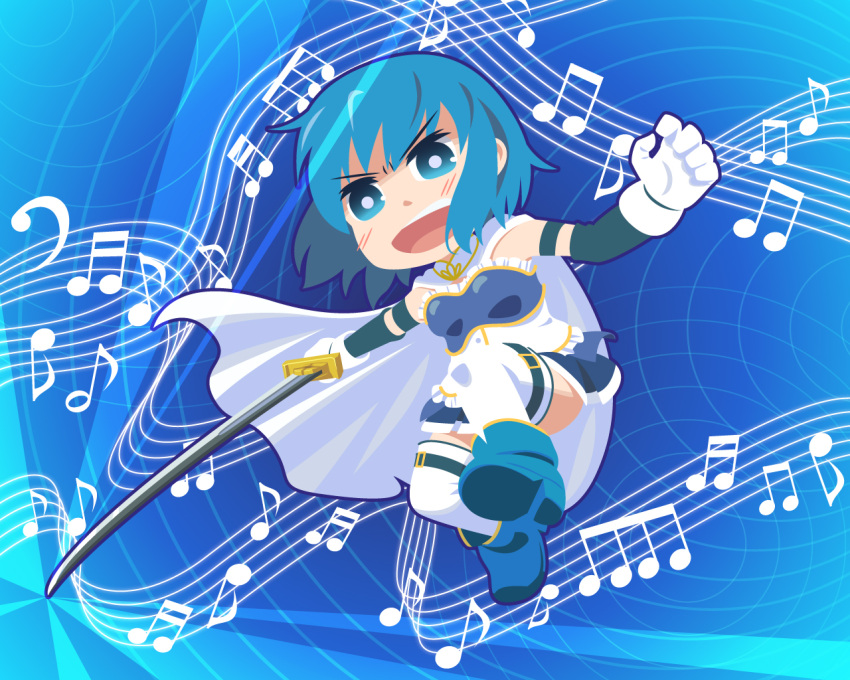 aka-kabuto_no_gema armband blue_eyes blue_hair cape chibi commentary_request female gloves magical_girl mahou_shoujo_madoka_magica mahou_shoujo_madoka_magica_(anime) miki_sayaka miki_sayaka_(magical_girl) musical_note open_mouth shoe_soles short_hair smile solo staff_(music) sword thighhighs weapon zettai_ryouiki