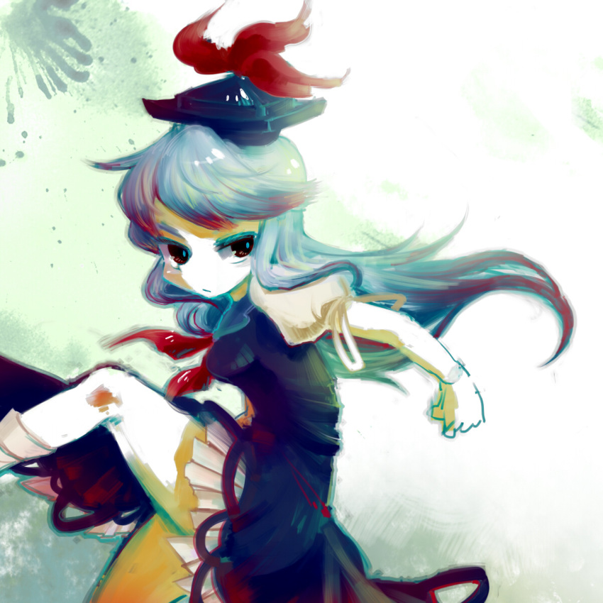 blue_dress blue_hair breasts brown_eyes commentary_request dress female hat highres kamishirasawa_keine kicking long_hair medium_breasts monozu socks solo touhou