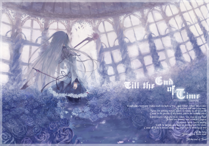 akemi_homura akemi_homura_(magical_girl) arch arrow_(projectile) bad_id bad_pixiv_id blue_flower blue_rose blue_theme bow_(weapon) english_text female flower from_behind greenhouse hairband kistina long_hair lyrics magical_girl mahou_shoujo_madoka_magica mahou_shoujo_madoka_magica_(anime) monochrome photoshop_(medium) purple_theme rose solo standing weapon