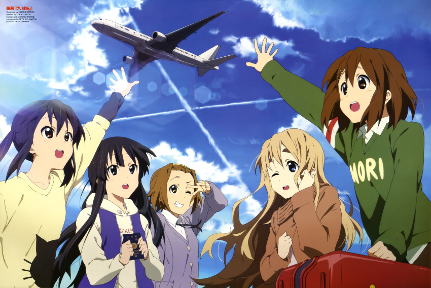 5girls :d ;d absurdres aircraft airplane akiyama_mio black_eyes black_hair blonde_hair blue_eyes boeing_787 brown_eyes brown_hair casual cloud day grin hairband highres hirasawa_yui k-on! k-on!_movie kotobuki_tsumugi multiple_girls nakano_azusa newtype official_art one_eye_closed open_mouth passport round_teeth scan sky smile tainaka_ritsu tamine_ikuko teeth twintails umetsu_tetsurou utsumi_hiroko v v_over_eye yoneda_yuka