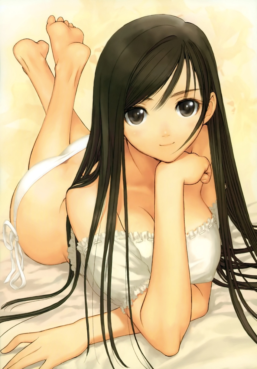 absurdres arm_support ass bare_shoulders barefoot bed black_eyes black_hair blush breasts butt_crack chin_rest cleavage covered_nipples crop_top crossed_arms crossed_legs dimples_of_venus error feet frills highres large_breasts legs_up long_hair lying no_bra on_stomach original panties side-tie_panties smile soles solo tanaka_takayuki the_pose toes underwear very_long_hair white_panties wrong_feet