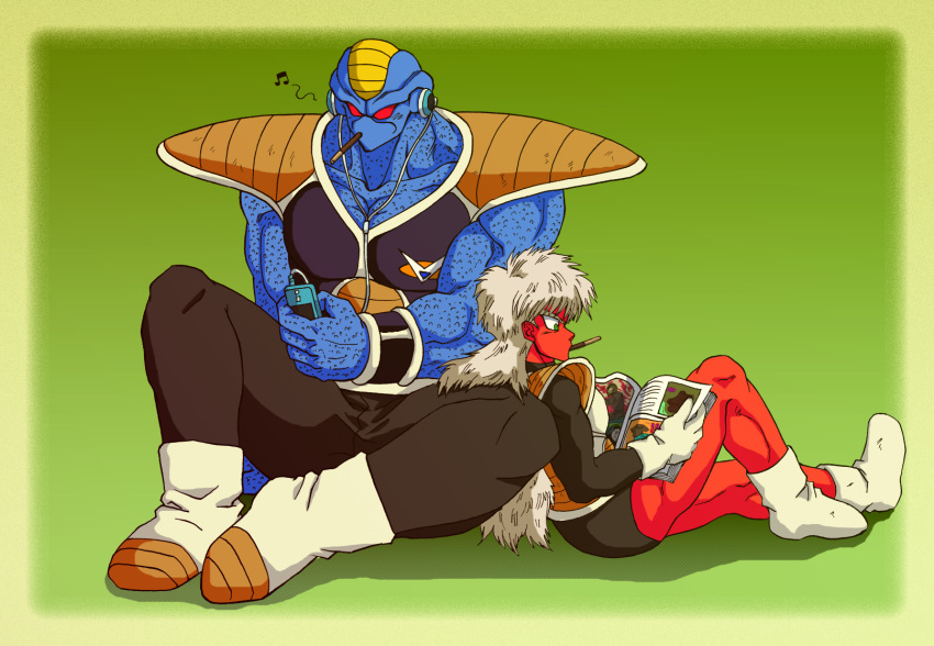 2boys armor bad_id bad_pixiv_id blue_skin boots burter collarbone colored_skin dragon_ball dragon_ball_z food food_in_mouth ginyu_force gloves green_eyes headphones highres jeice long_hair magazine_(object) male_focus mouth_hold multiple_boys muscular musical_note pocky red_eyes red_skin saiyan_armor shinomiya_akino white_hair wristband