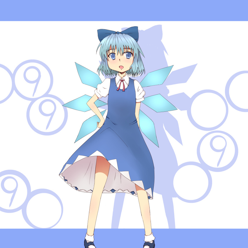 absurdres bad_id bad_pixiv_id blue_bow blue_dress blue_eyes blue_hair bobby_socks bow cirno collared_shirt commentary_request detached_wings dress female frilled_socks frills hair_ribbon hairbow hand_on_own_hip highres mary_janes ocha_(ochappie) open_mouth pinafore_dress puffy_short_sleeves puffy_sleeves ribbon shadow shirt shoes short_sleeves sleeveless sleeveless_dress socks solo touhou white_shirt white_socks wings