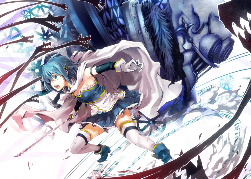 blue_eyes blue_hair cape commentary_request female gloves hair_ornament hairclip highres ken_(fkenorat) magical_girl mahou_shoujo_madoka_magica mahou_shoujo_madoka_magica_(anime) miki_sayaka miki_sayaka_(magical_girl) oktavia_von_seckendorff open_mouth sebastians_(madoka_magica) short_hair solo_focus spoilers sword tears thighhighs weapon white_gloves