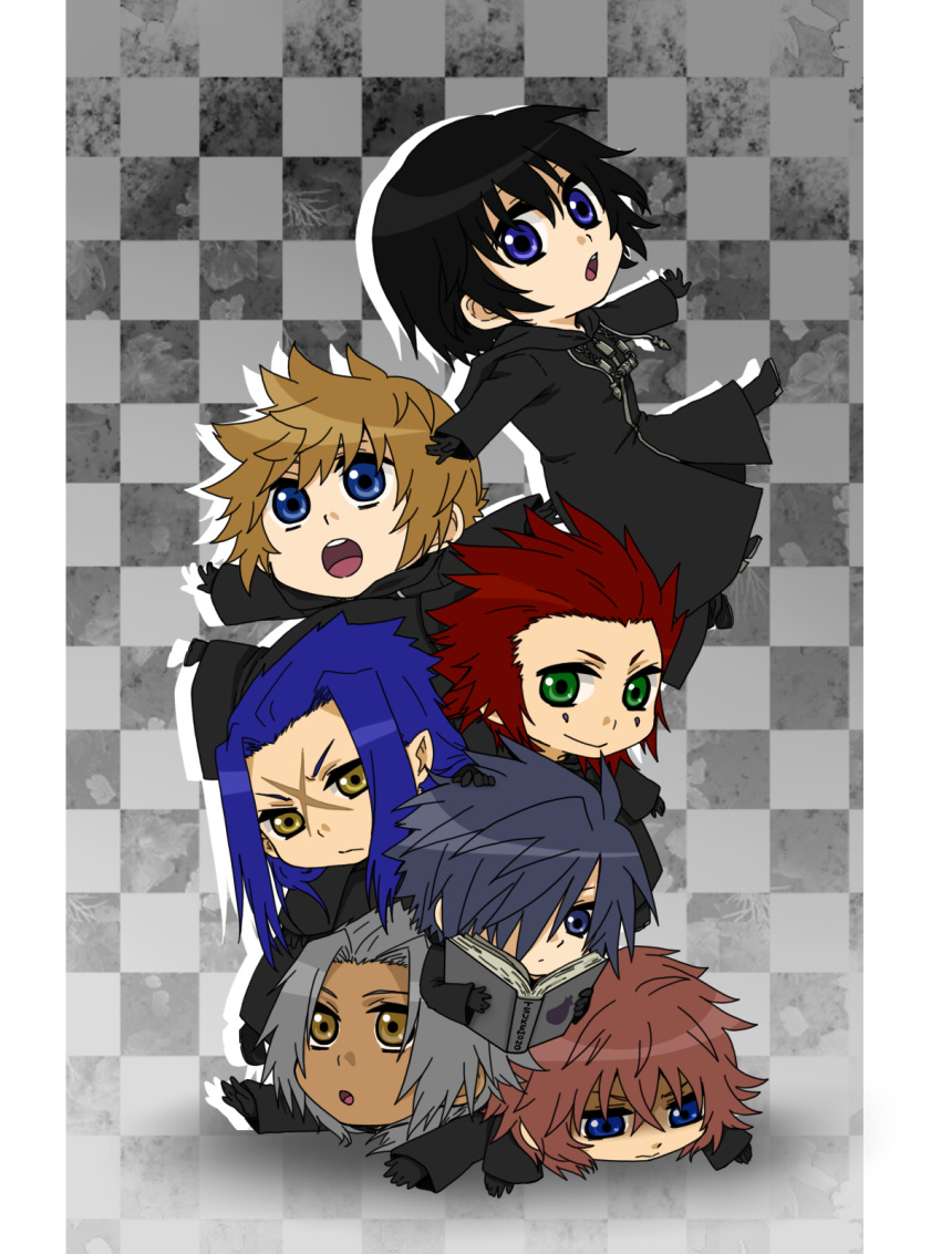 6+boys axel_(kingdom_hearts) black_coat_(kingdom_hearts) black_hair blonde_hair blue_hair book cloak commentary_request dark_skin facial_mark female gloves green_eyes grey_hair hair_over_one_eye highres kingdom_hearts kingdom_hearts_358/2_days long_hair marluxia multiple_boys pink_hair pointy_ears reading red_hair roxas saix scar short_hair shuu_(blow_wind) xemnas xion_(kingdom_hearts) yellow_eyes zexion