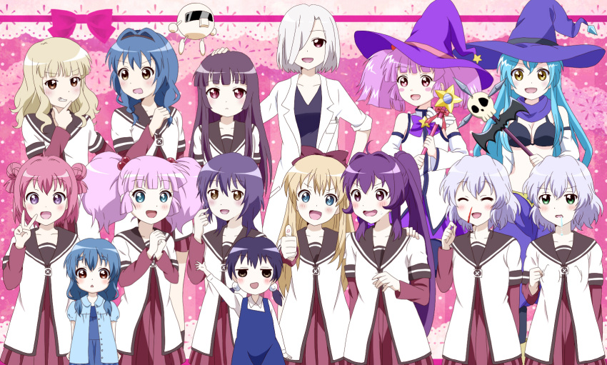 6+girls :d :o ^_^ ahoge akaza_akari arm_up arms_behind_back black_hair blonde_hair blood blue_eyes blue_hair blush bow braid brown_eyes closed_eyes collarbone commentary_request detached_sleeves double_bun everyone funami_mari funami_yui furutani_himawari furutani_kaede ganbo glasses green_eyes grey_hair grin hair_bobbles hair_bun hair_intakes hair_ornament hair_over_one_eye hairband hairbow hand_on_head hand_on_own_face hand_on_shoulder hat highres ikeda_chitose ikeda_chizuru kanap0n lab_coat long_hair matsumoto_rise midriff mirakurun multiple_girls nanamori_school_uniform nishigaki_nana nosebleed official_style oomuro_sakurako open_mouth pink_eyes pink_hair ponytail purple_eyes purple_hair red_eyes red_hair ribbon rivalun saliva school_uniform serafuku short_hair single_hair_bun skull sleeves_rolled_up smile sugiura_ayano thumbs_up toshinou_kyouko twin_braids twintails unworn_eyewear v v-shaped_eyebrows wand waving witch_hat yellow_eyes yoshikawa_chinatsu yuru_yuri