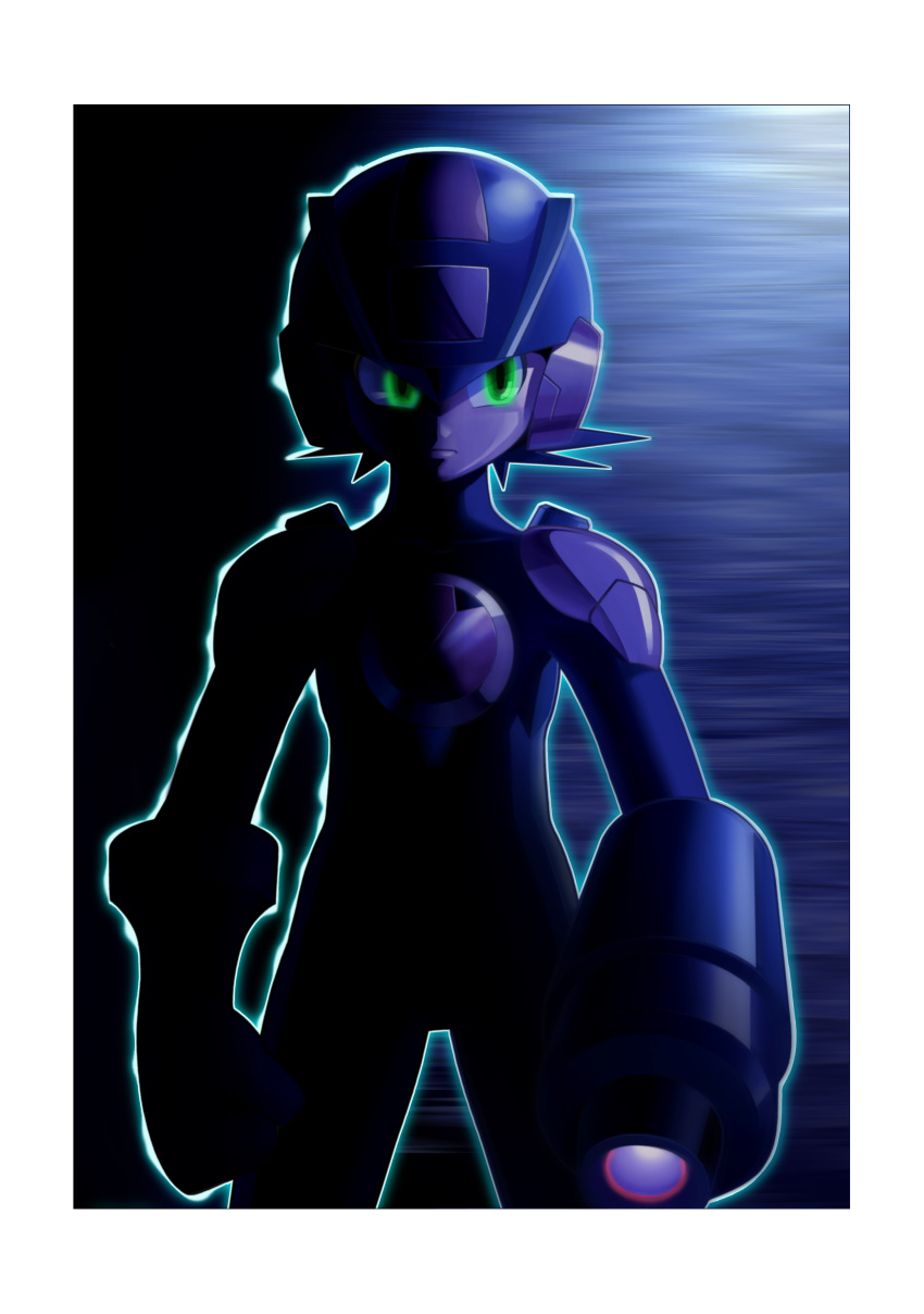 1boy absurdres arm_cannon capcom green_eyes helmet highres male_focus mega_man_(series) mega_man_battle_network_(series) mega_man_battle_network_2 megaman.exe netnavi official_art shaded_face solo weapon