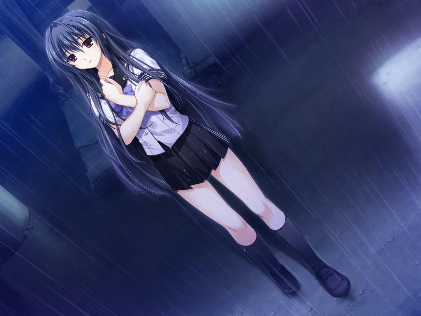 alpha_(yukai_na_nakamatachi) black_hair black_skirt black_socks brown_eyes female game_cg highres kourin_no_machi_lavender_no_shoujo long_hair outdoors photoshop_(medium) pleated_skirt rain sakuragi_hikaru school_uniform skirt socks solo very_long_hair